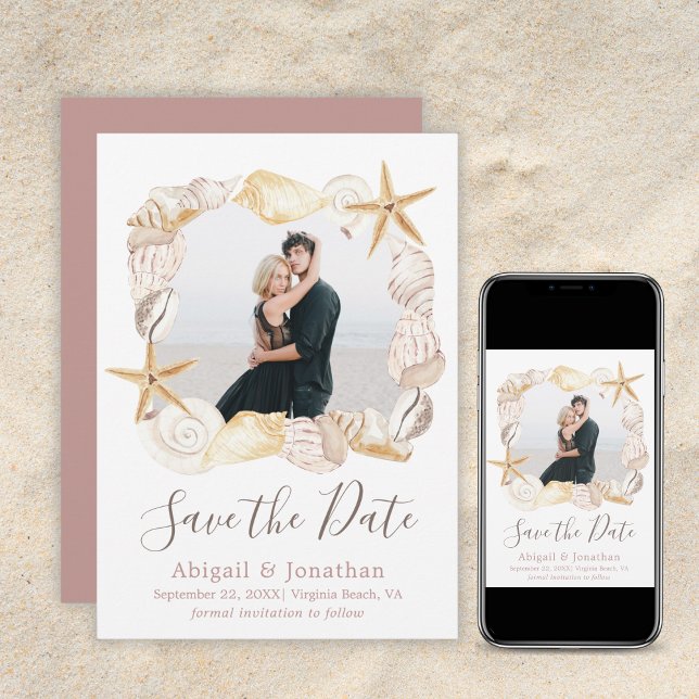 Beach Seashell Photo Blush Pink Elegant Wedding Save The Date (Creator Uploaded)