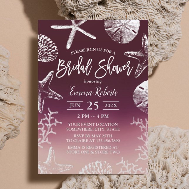 Beach Seashell Starfish Burgundy Red Bridal Shower Invitation (Creator Uploaded)
