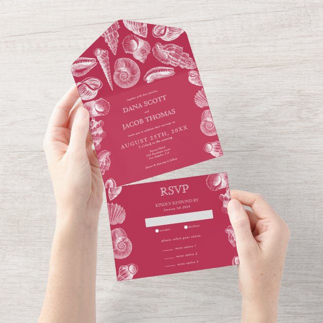 Beach Seashell Viva Magenta Summer Wedding Invita All In One Invitation (Tearaway)