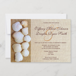 Beach Seashells Burlap Print Wedding Invitations