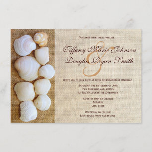 Beach Seashells Burlap Print Wedding Invitations