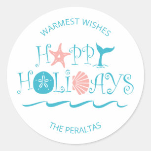 Beach Seashells Coastal Christmas Typography Classic Round Sticker
