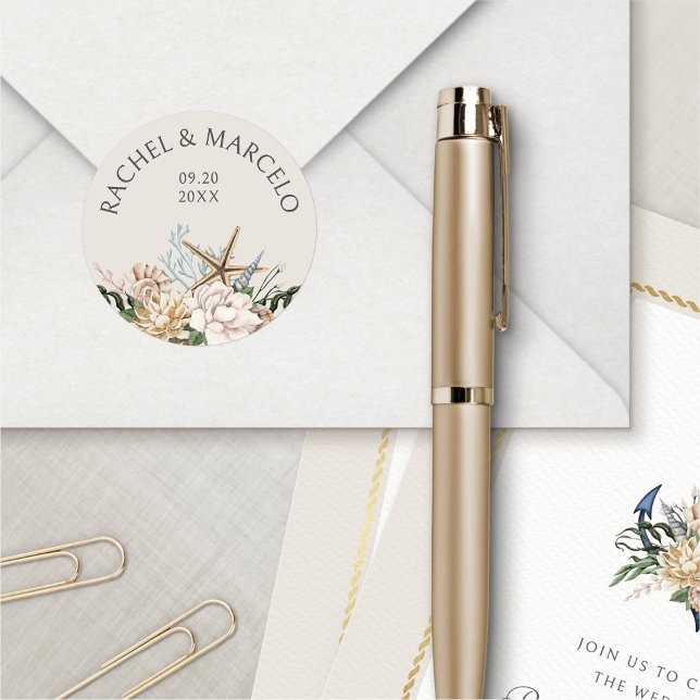 Beach Seashells Floral Wedding Classic Round Sticker (Creator Uploaded)