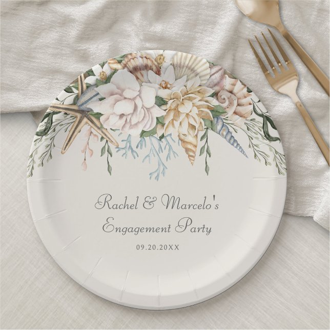 Beach Seashells Floral Wedding Paper Plate (Creator Uploaded)