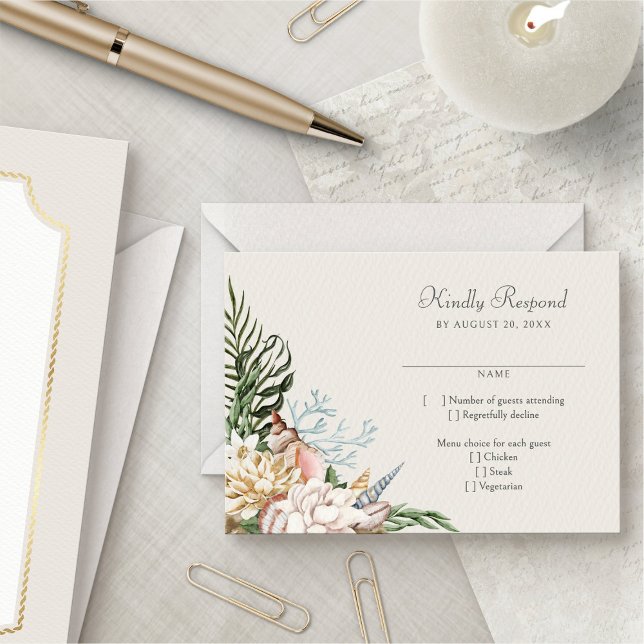 Beach Seashells Floral Wedding RSVP Card (Creator Uploaded)