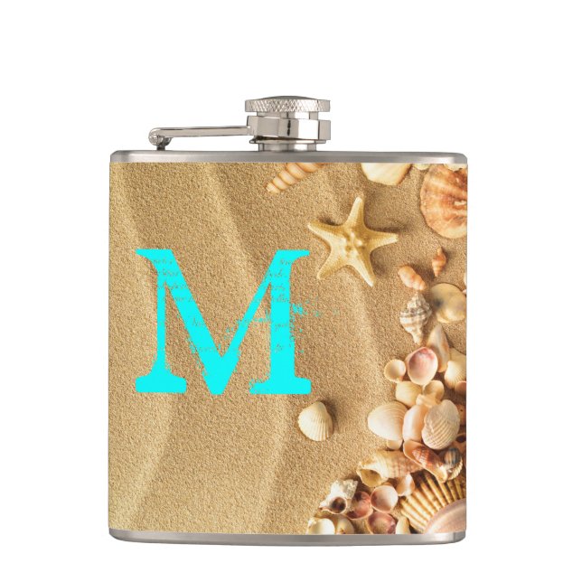Beach Seashells Hawaii Sand Monogram Whiskey Flask (Front)