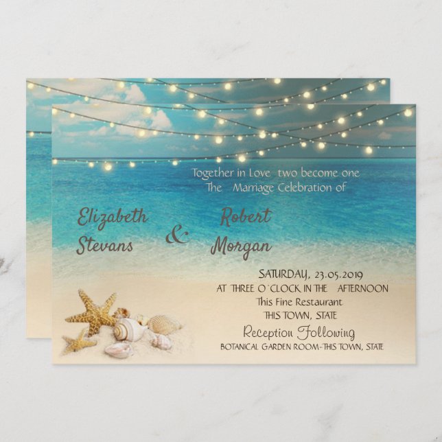 Beach Seashells Lights  Wedding  Invitation (Front/Back)