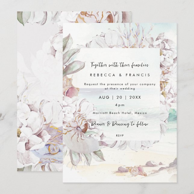 beach seashells ocean wedding invitation (Front/Back)