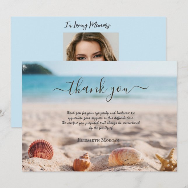 Beach Seashells Photo Celebration Of Life  Thank You Card (Front/Back)