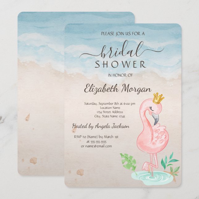 Beach Seashells Pink Flamingos Bridal Shower Invitation (Front/Back)