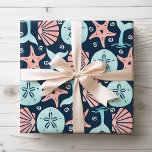 Beach Seashells Sand Dollar Starfish Whale Wrapping Paper Sheet<br><div class="desc">Nautical,  beach theme wrapping paper features a pattern of a whale tail,  sand dollar,  starfish and scallop seashell on navy blue,  aqua blue and white backgrounds. Perfect for beach,  nautical,  coastal and tropical themes. Original artwork KL Stock</div>