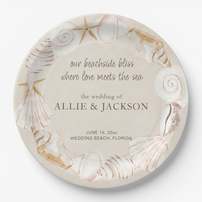 Beach Seashells Sand Love Sea Wedding Paper Plate (Front)