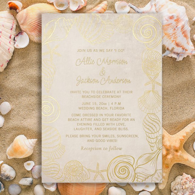 Beach Seashells Sand Seaside Wedding  Foil Holiday Card (Gold-foil beach and seashells wedding invitation)