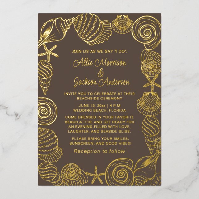 Beach Seashells Sand Seaside Wedding  Foil Holiday Card (Front)