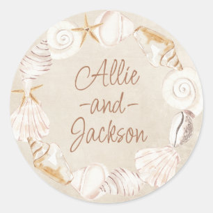 Beach Seashells Sand Seaside Wedding Names Classic Round Sticker