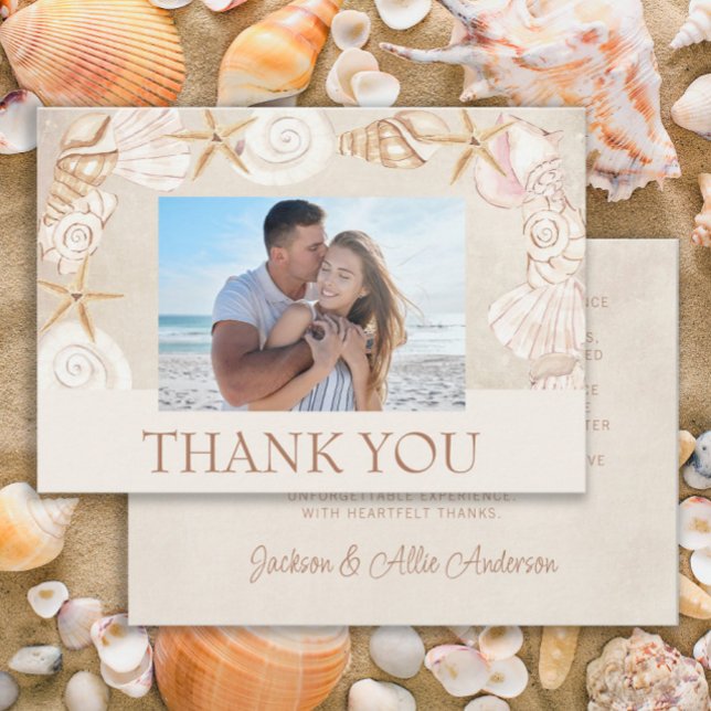 Beach Seashells Sand Seaside Wedding Photo  Thank You Card (Beach/sea shells wedding photo Thank You card)