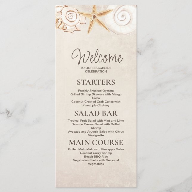 Beach Seashells Sand Seaside Wedding Reception Menu (Front)