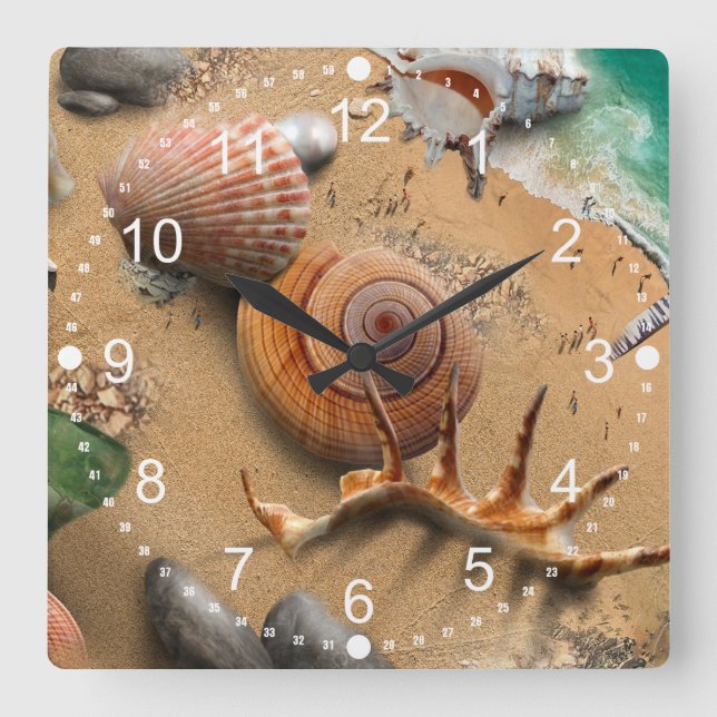Beach Seashells Sand Waves Summer Square Wall Clock (Front)