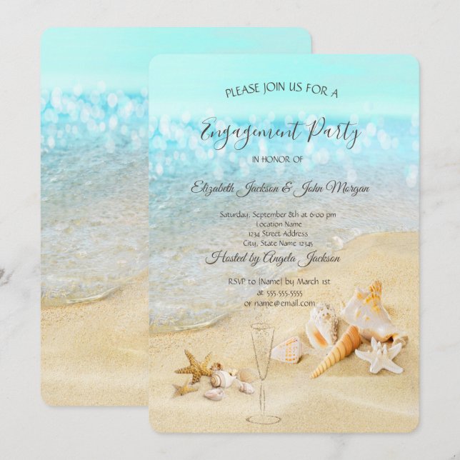 Beach Seashells Sand Wine Glass Engagement   Invitation (Front/Back)