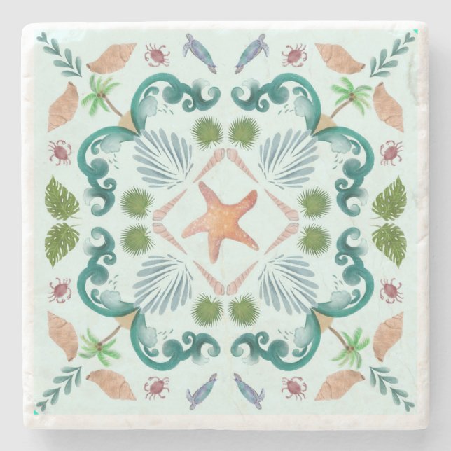 Beach Seashells Sea Life Stone Coaster (Front)