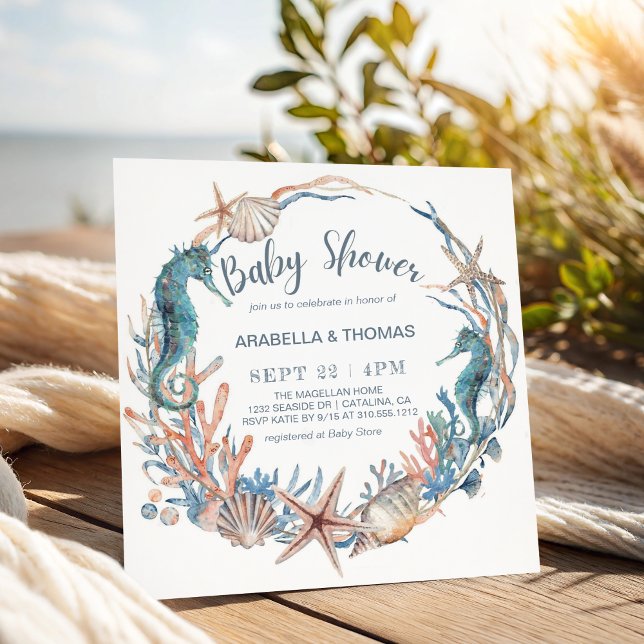 Beach Seashells Seahorse and Starfish Baby Shower Invitation (Creator Uploaded)