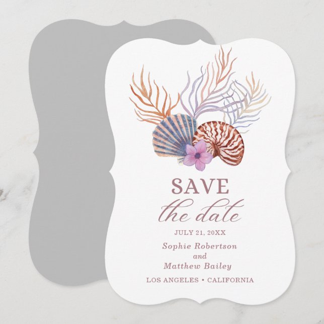 Beach Seashells Watercolor Coastal Chic Wedding Save The Date (Front/Back)