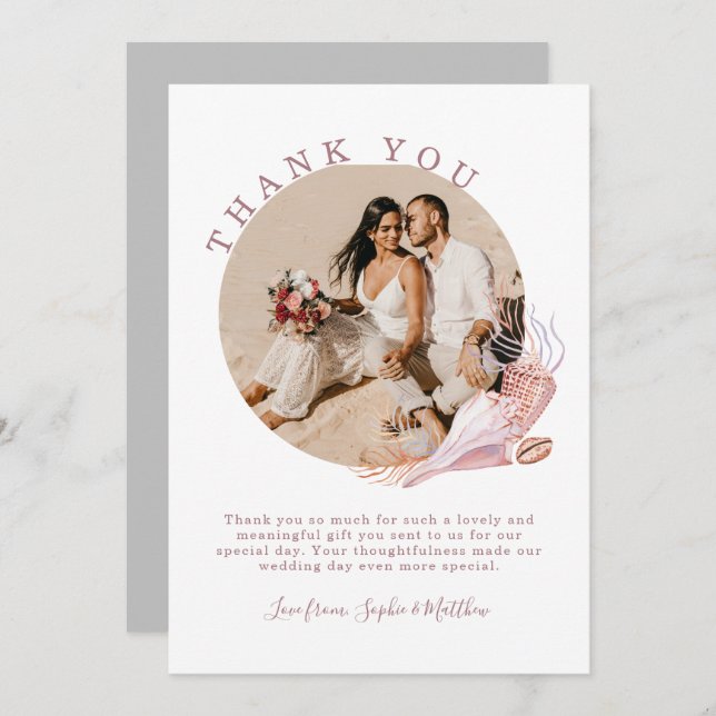 Beach Seashells Watercolor Coastal Photo Wedding Thank You Card (Front/Back)