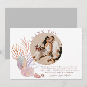 Beach Seashells Watercolor Coastal Photo Wedding Thank You Card