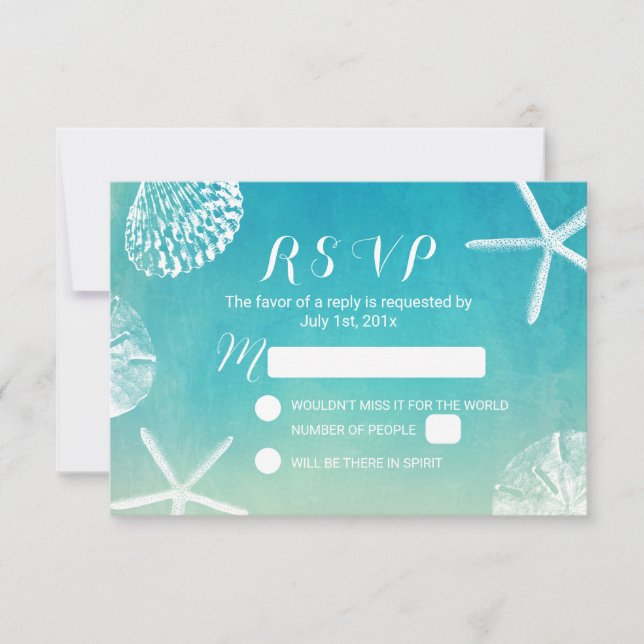 Beach Seashells Watercolor Turquoise Wedding RSVP (Front)