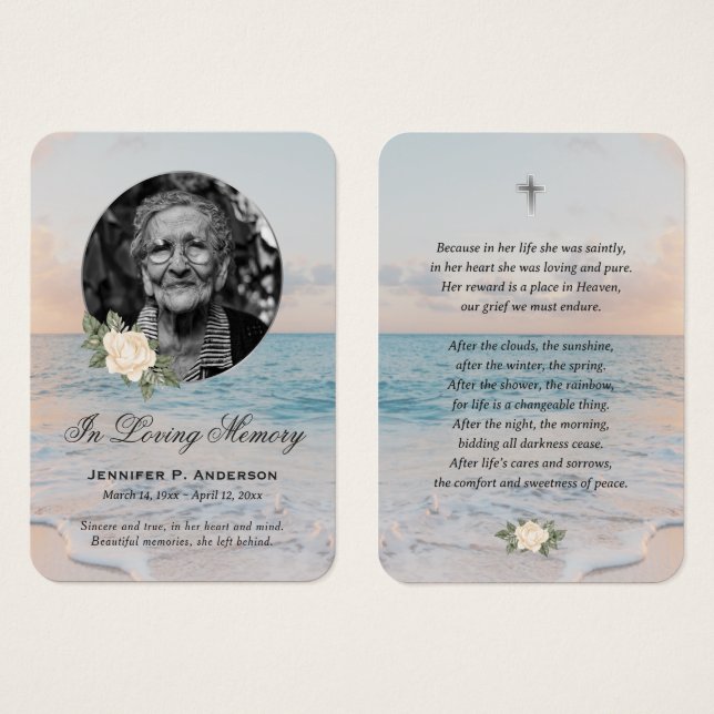 Beach Seashore Yellow Floral Memorial Cards (Front & Back)