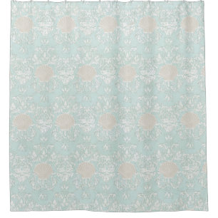 Beach Seaside Seashells Blue White Damask Pattern Shower Curtain