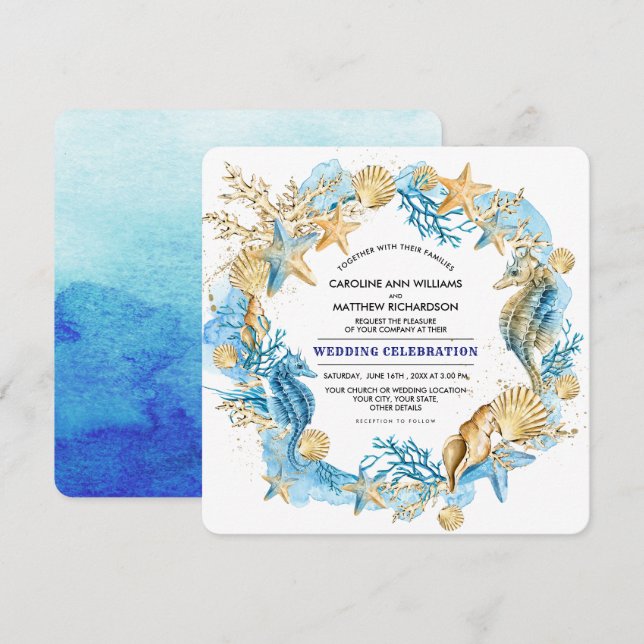 Beach | Seaside Seashells Watercolor Wedding Invitation (Front/Back)