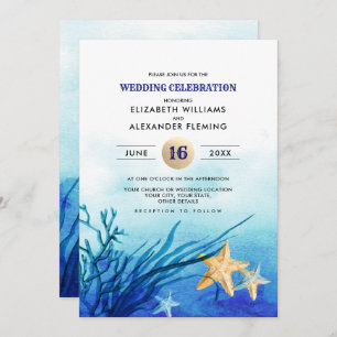 Beach Seaside Starfish Watercolor Wedding Invitation