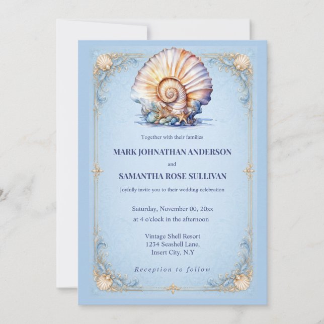 Beach shell blue ivory wedding elegant nautical invitation (Front)