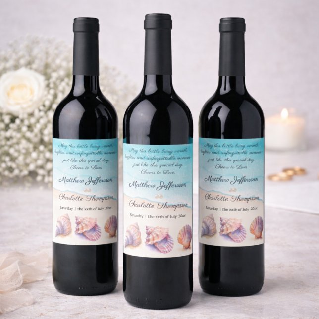 Beach Shell Watercolor Elegant Wedding Blue Wine Label (Creator Uploaded)