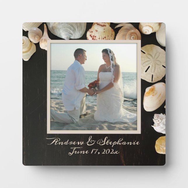 Beach Shells Dark Wood Newlywed Photo Frame (Front)