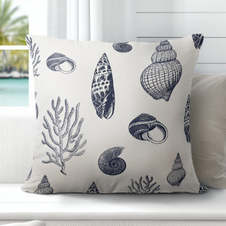 Beach Shells Navy Blue White Cushion