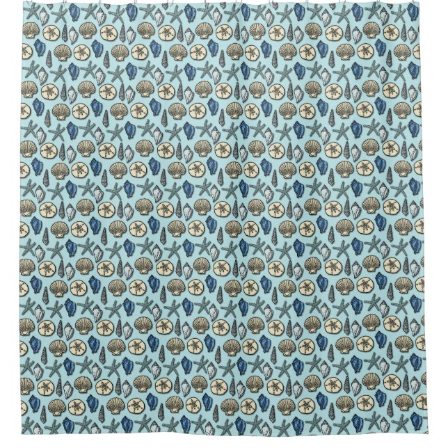 Beach Shells Starfish Seaside Pretty Blue Pattern Shower Curtain (Front)