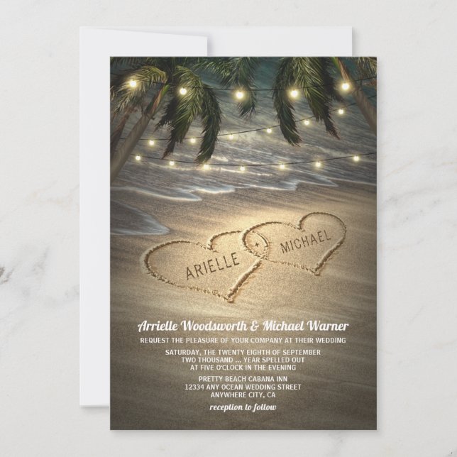 Beach Shore Hearts in the Sand Wedding Invitations (Front)