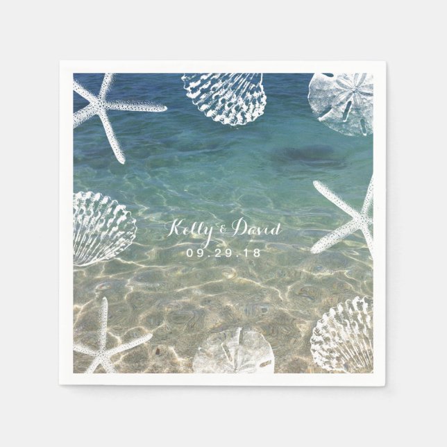 Beach Shore Starfish & Seashells Tropical Wedding Napkin (Front)