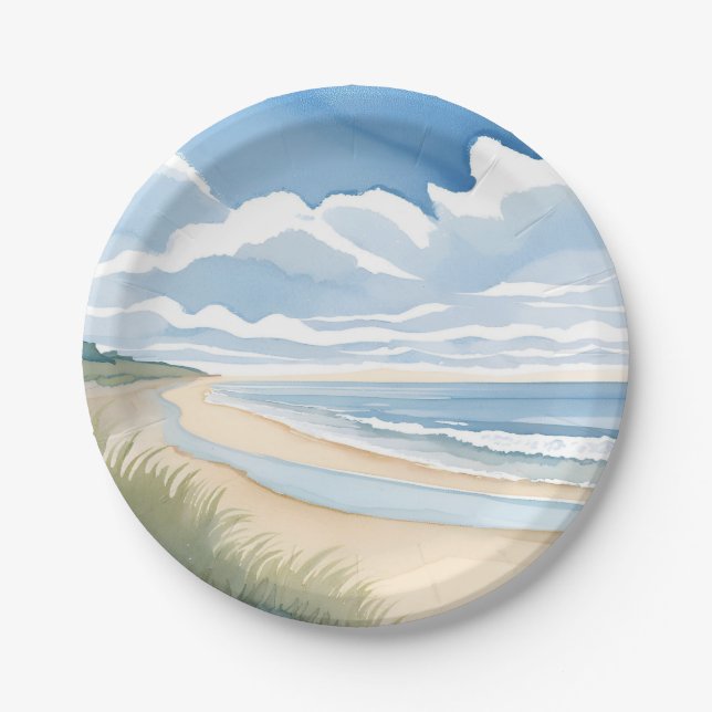 Beach Shore Walk | Coastal Ocean Watercolor Paper Plate (Front)