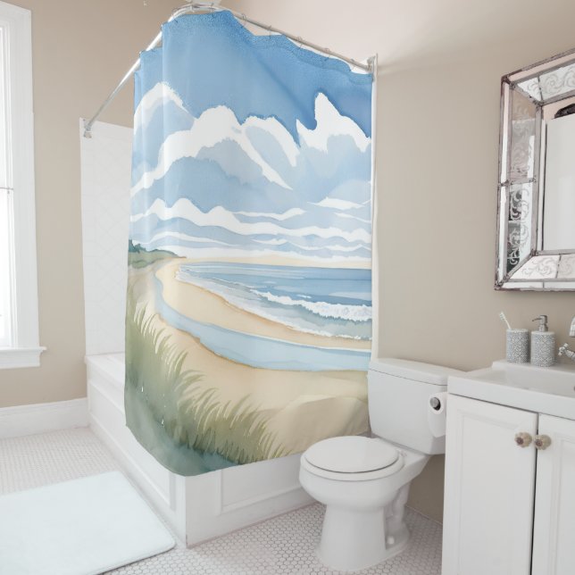 Beach Shore Walk | Coastal Ocean Watercolor Shower Curtain (In Situ)