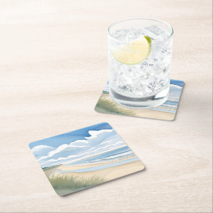 Beach Shore Walk Coastal Ocean Watercolor Square Paper Coaster