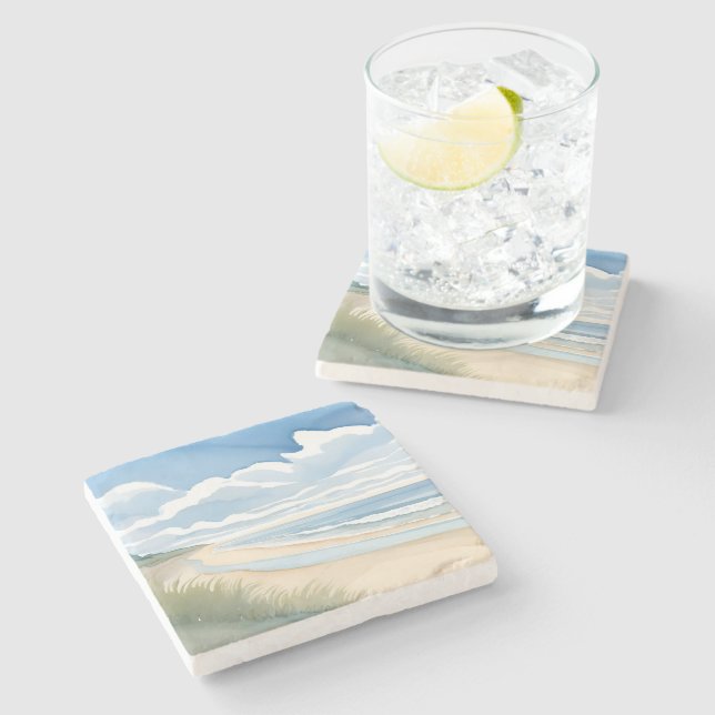 Beach Shore Walk | Coastal Ocean Watercolor Stone Coaster (Side)