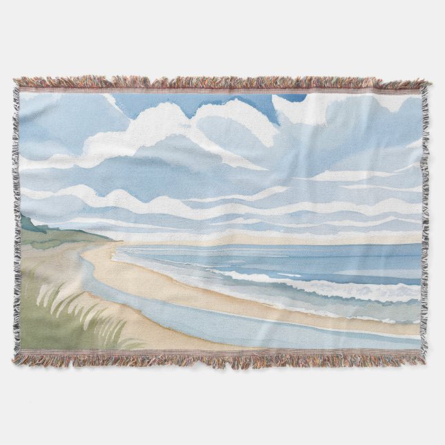 Beach Shore Walk | Coastal Ocean Watercolor Throw Blanket (Front)