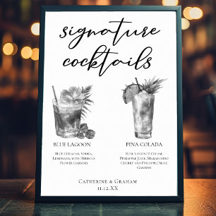 Beach Signature Cocktails Black White Wedding Poster