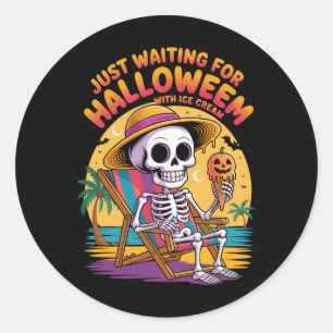 Beach Skeleton With Ice Cream Halloween Summer Cou Classic Round Sticker