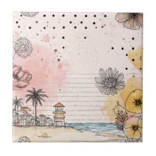 Beach Sketch with Yellow Poppies and Palm Trees Tile