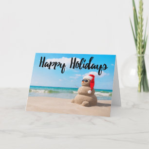 Beach Snowman Sand Happy Holidays Greeting Card