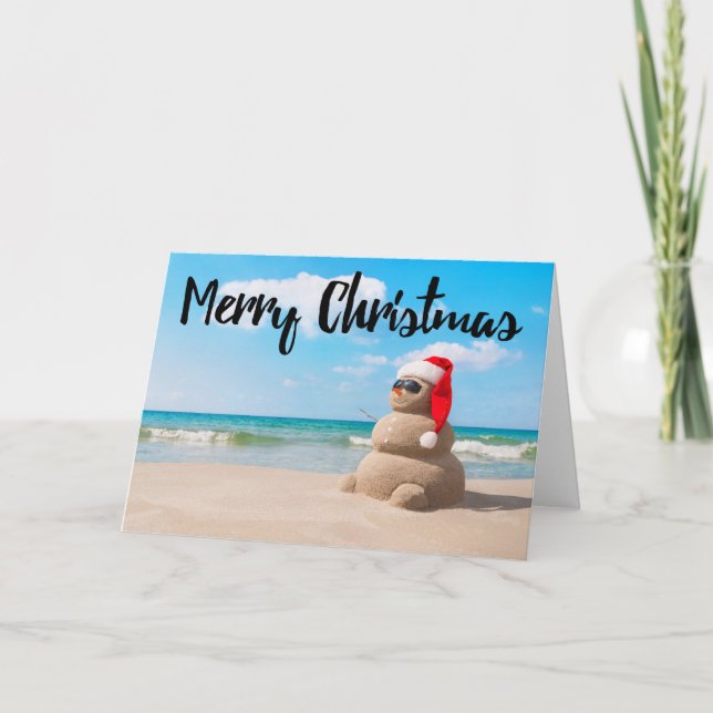 Beach Snowman Sand Merry Christmas Greeting Card (Front)